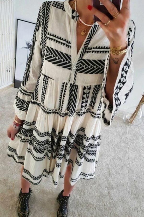 Smart Casual Irregular Geometric Print V Neck Midi Dress