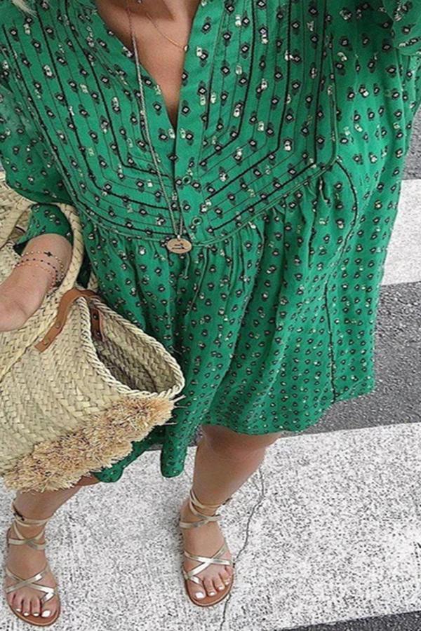 Casual Classic Geometric Print Shirt Neck Midi Dress