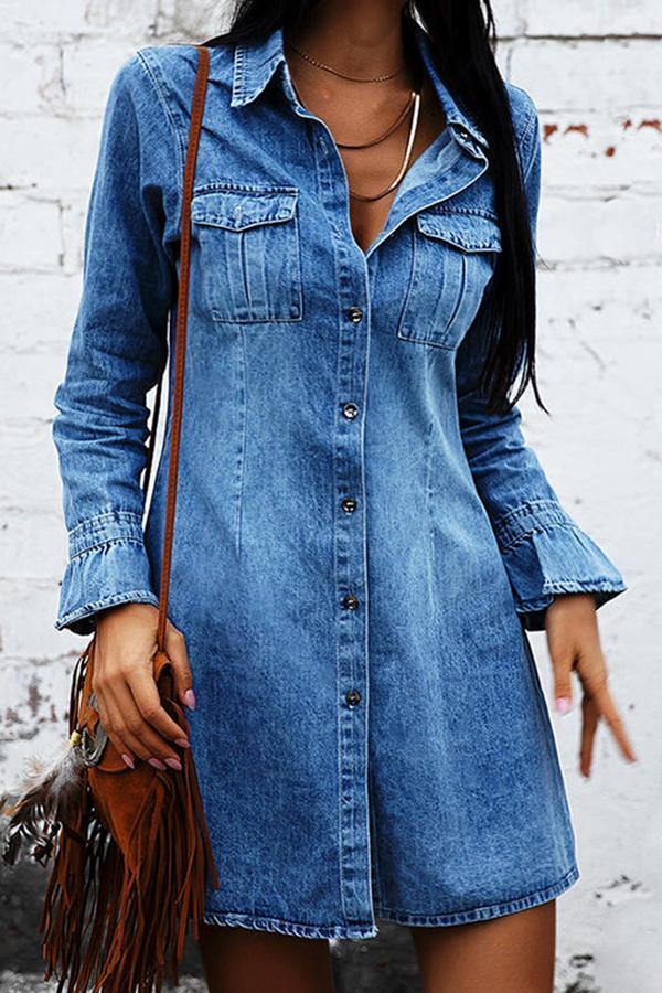 Retro Stylish Single Breaststroke Midi Denim Dress