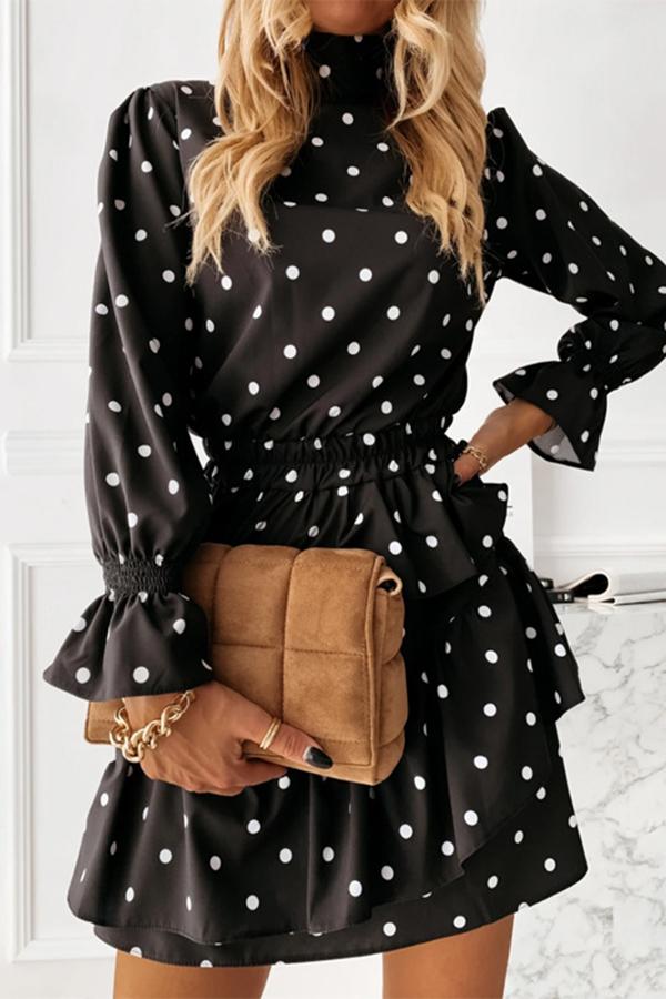 Elegant Temperament High Neck Polka Dot Flounce Sleeves Midi Dress