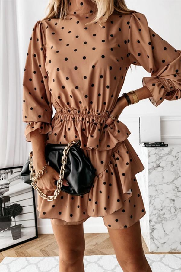 Elegant Temperament High Neck Polka Dot Flounce Sleeves Midi Dress