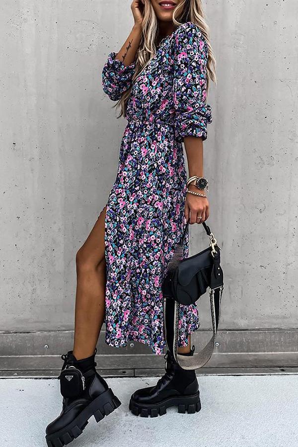 Retro Elegant Temperament Deep V Neck Floral Print Split Buttons Long Dress