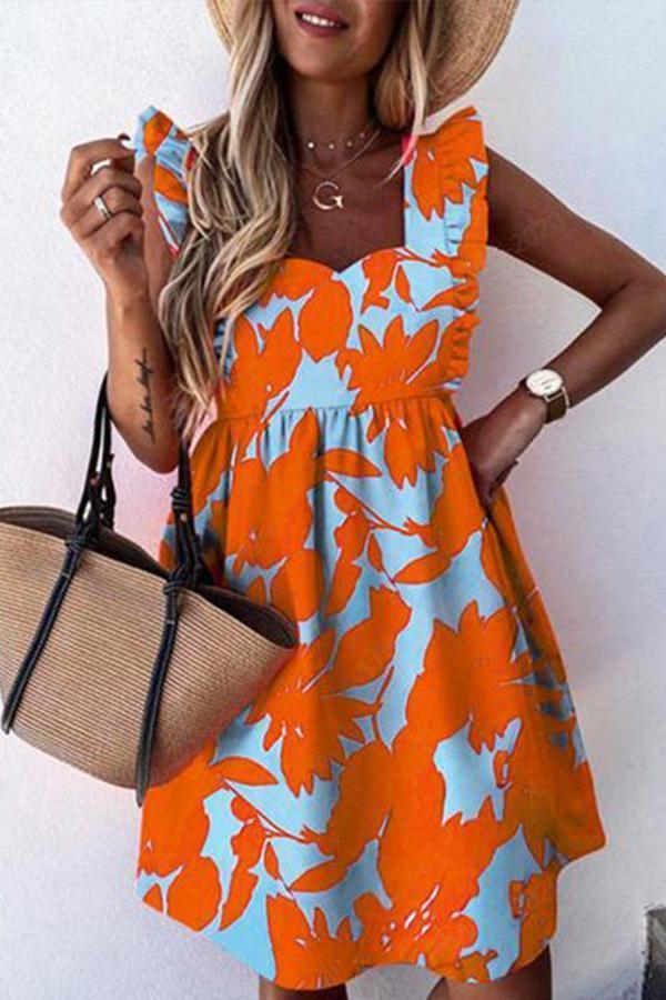 Modern Casual Stylish U Collar Short Flounce Sleeve Midi Dress