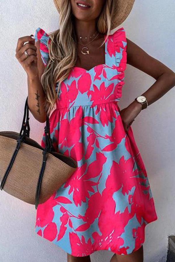 Modern Casual Stylish U Collar Short Flounce Sleeve Midi Dress