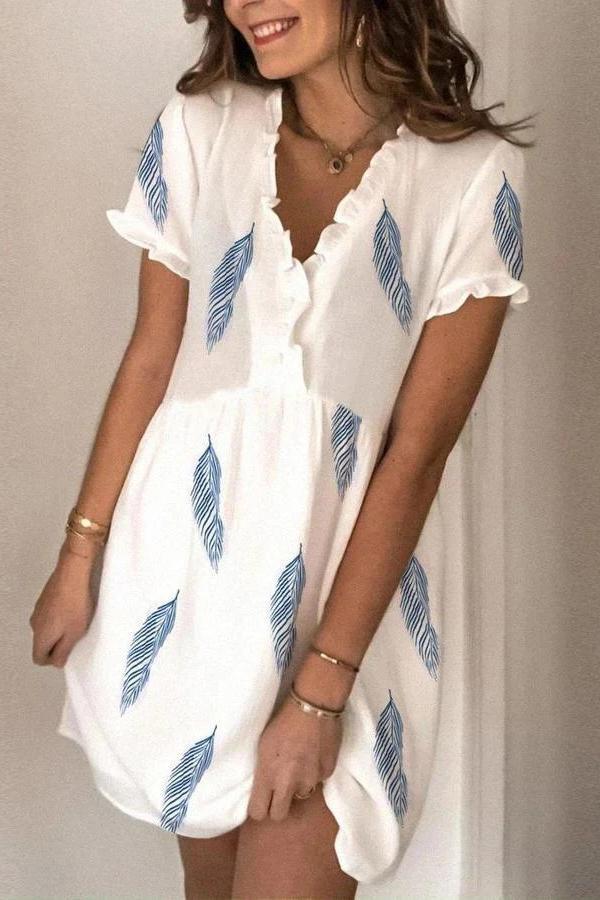 Casual Feather Mini V Neck Dress