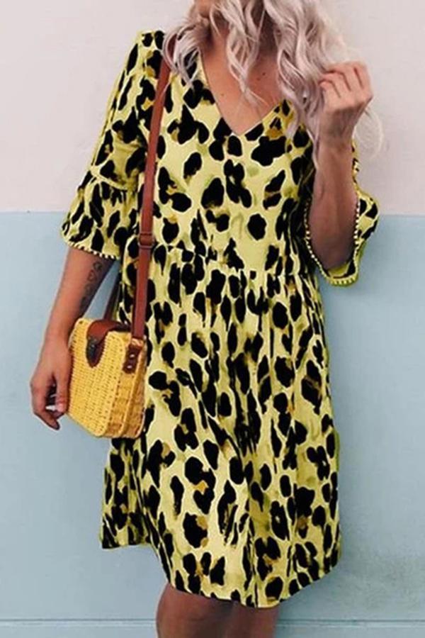 Cute Baggy Leopard Print V Neck Dress