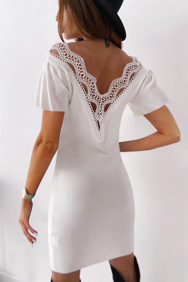 Intellectual V Neck Hollow Lace Backless Dress