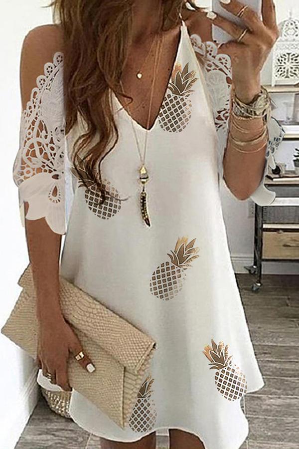 Sweet Pineapple Print Lace Strapless Dress