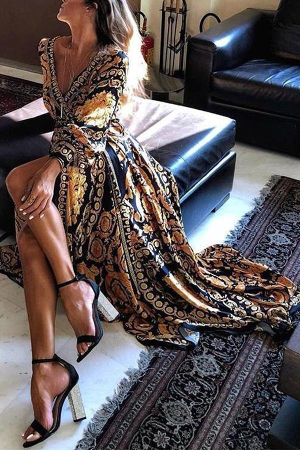 Glamorous Abstract Print V Maxi Dress