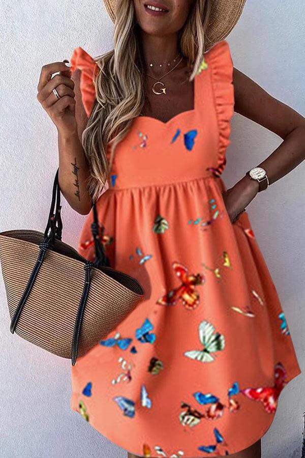 Smart Daisy Print Flounce Sleeves Dress