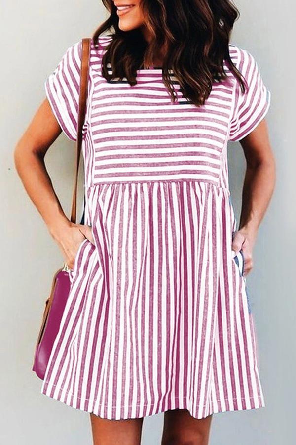 Girly Striped Print Pockets Dress