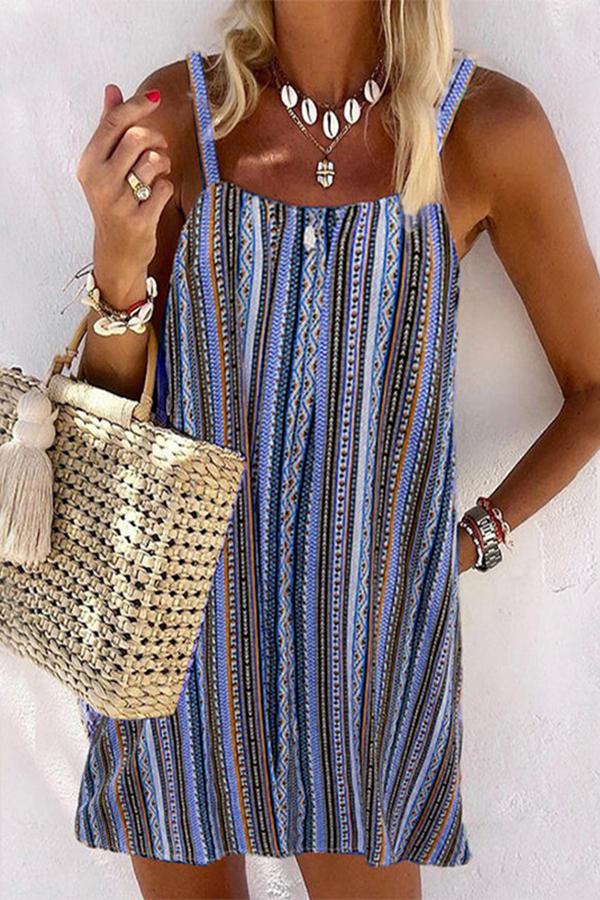 Personality Retro Striped Print Backless Dress