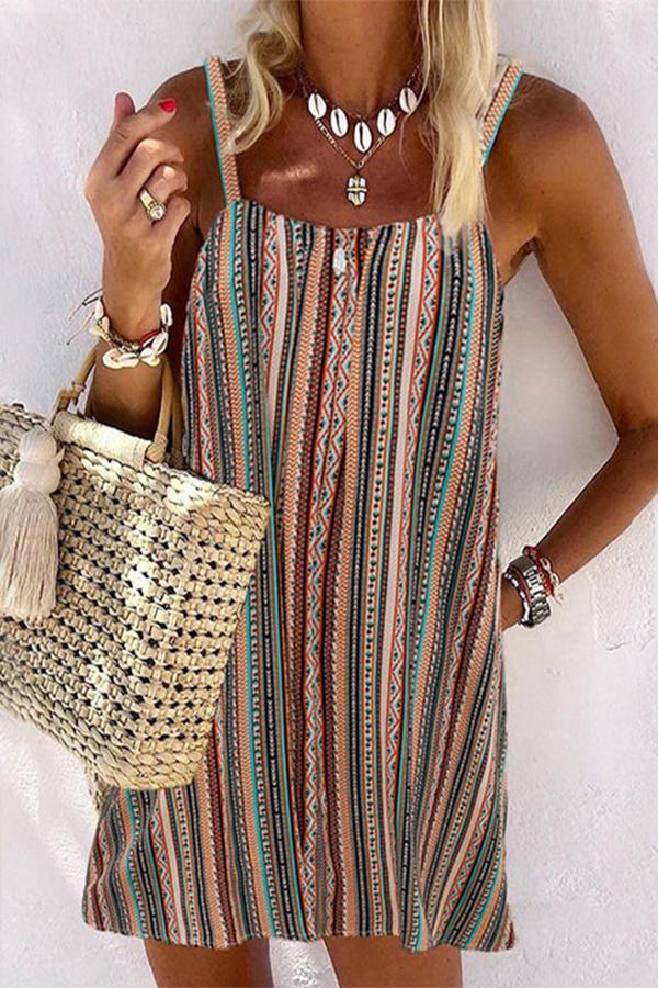 Personality Retro Striped Print Backless Dress