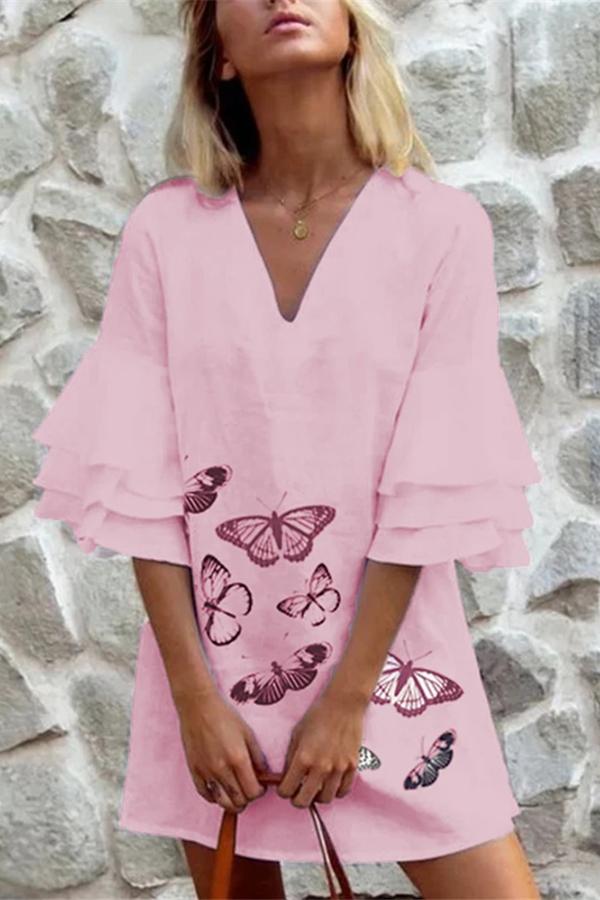 Baggy Butterfly Print Flounce Sleeves Dress