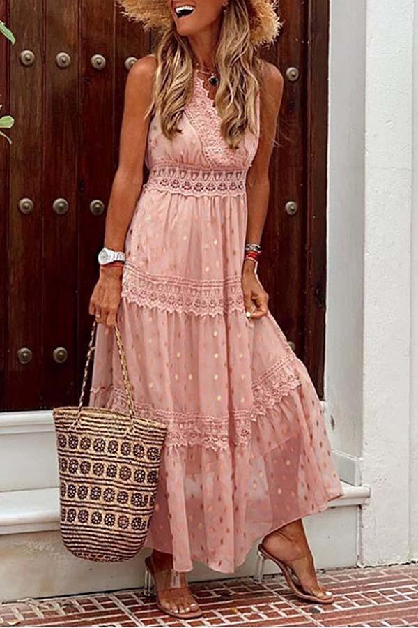 Stylish PolkaDots Print Lace V-Neck Maxi Dress