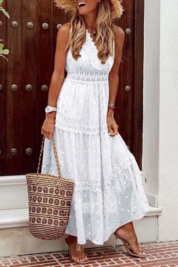 Stylish PolkaDots Print Lace V-Neck Maxi Dress