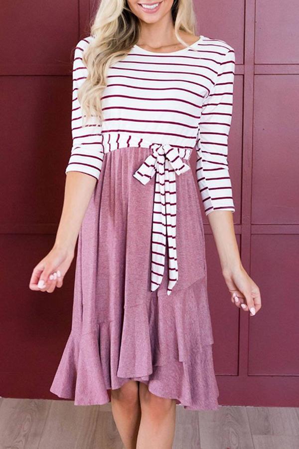 Unique Stylish Striped Stitching Solid Color Dress