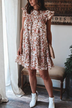 Pretty Smart Floral Print Flounce Sleeves Beach Dress