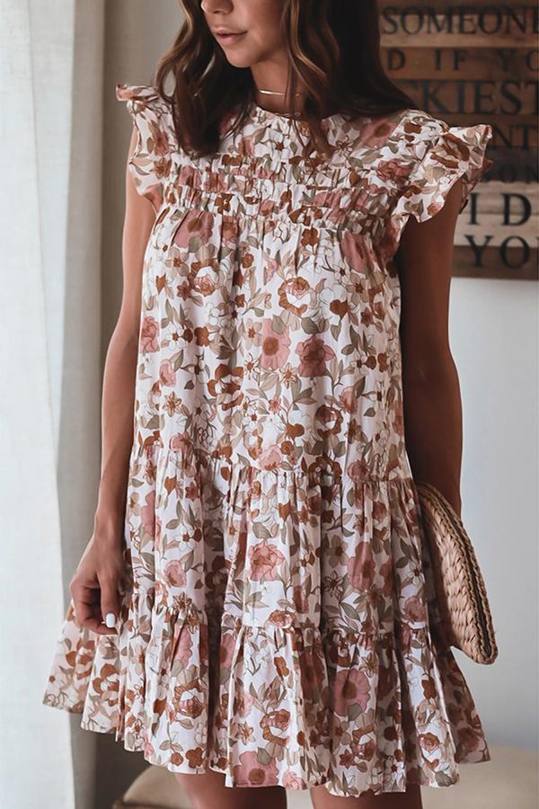 Pretty Smart Floral Print Flounce Sleeves Beach Dress