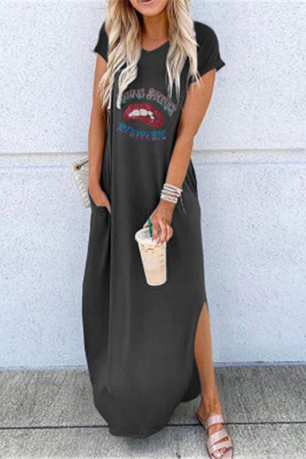 Casual Lips Printed Long Dress