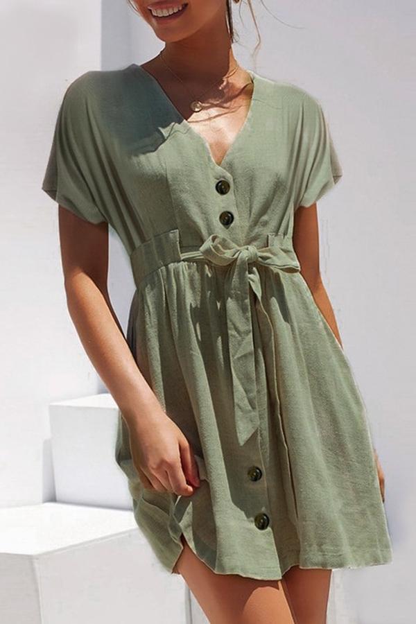 Elegant Solid Color Bow Belt Lace-up Dress