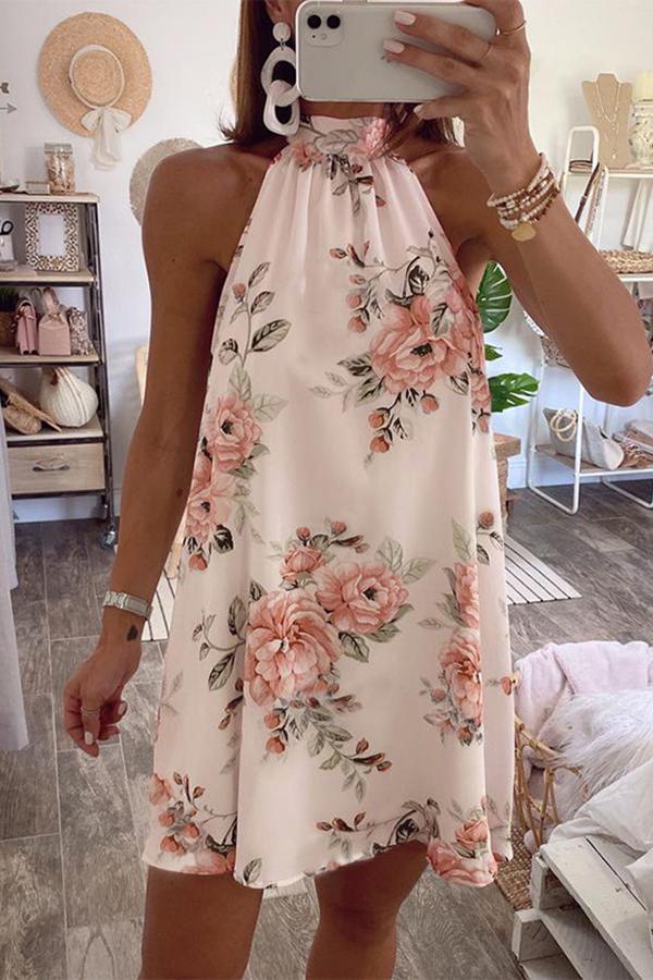 Pretty Floral Print Lace-up Halter Dress