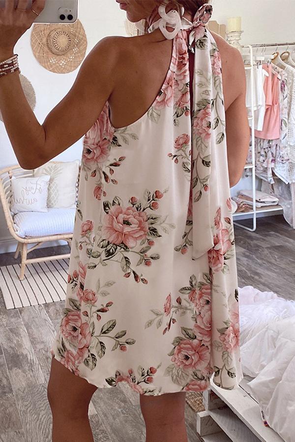 Pretty Floral Print Lace-up Halter Dress