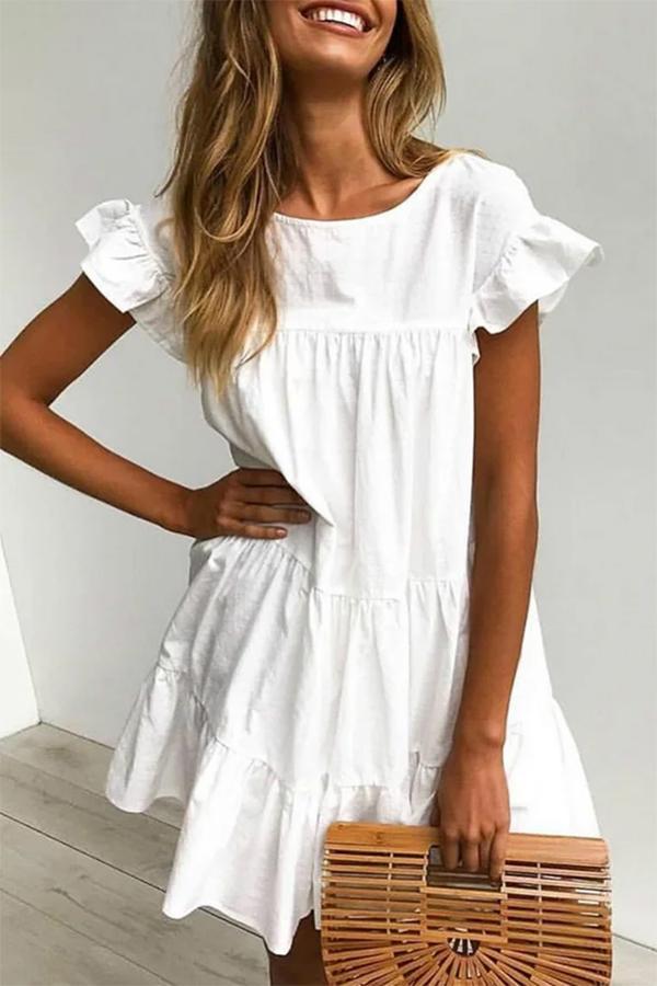 Simplicity Cute Solid Color Ruffle Sleeves Dress