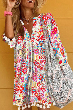 Stylish Coloful Floral Print V-Neck Midi Dress