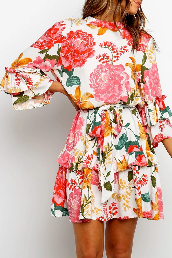 Floral Print Round Collar Pleated Dress